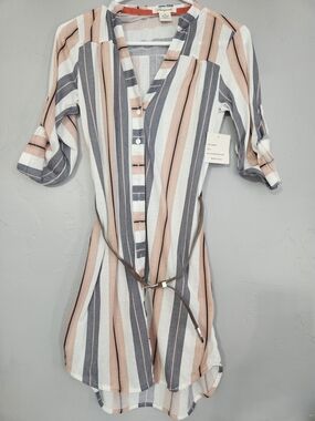 Passport Striped Long Sleeve Dress in White, Peach & Gray